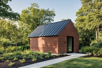 Modern brick house surrounded by greenery in a serene outdoor setting during the daytime, showcasing contemporary architectural design with a sleek metal roof
