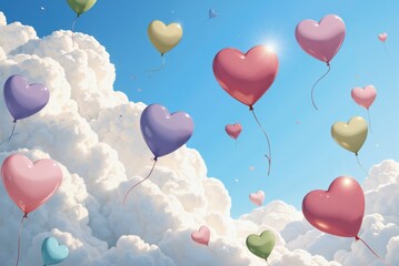 many colorful heart shaped balloons floating in the sky