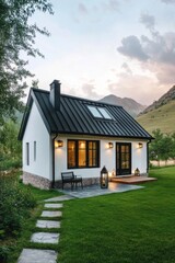 Fototapeta premium Charming modern cottage in a serene countryside setting with lush greenery and distant mountains during the early evening