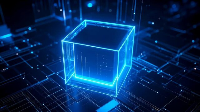 Glowing Blue Cube On Technological Circuit Background
