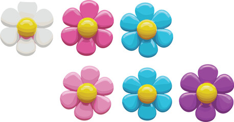 Cute plastic 3d flowers top view with colorful pastel petals. Render illustration set of spring or summer abstract plasticine bubble bloom