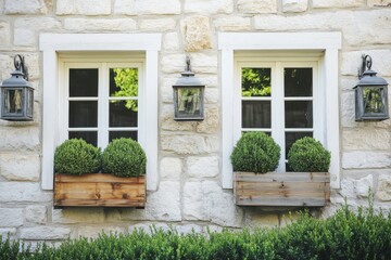 A beautifully designed decorative stone wall features two charming windows, seamlessly integrated with lush greenery, all basking in the warmth of a sunny day in a peaceful outdoor environment