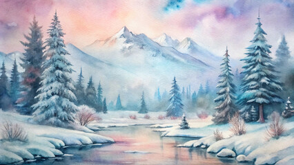 Fototapeta premium Winter Watercolor Landscape: A breathtaking watercolor painting portrays a serene winter landscape, with snow-covered mountains, tranquil trees, and a gentle river winding through the scene.