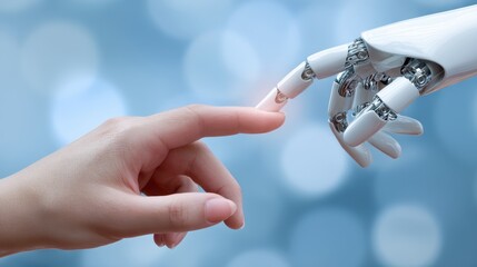 A robotic hand touching a human hand on a big data network connection signifies the innovative and futuristic convergence of science, technology, and  market-driven AI and machine learning