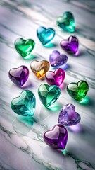 Fototapeta premium Colorful Crystal Hearts on Marble