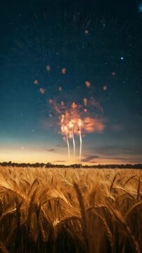 Fireworks explode in vibrant colors above a golden wheat field in rural America, capturing the spirit of a 4th of July celebration under a warm summer sky in the peaceful countryside.