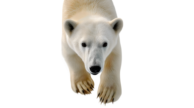 Top-down view of a polar bear walking on snowy terrain, paw prints visible, isolated on white background