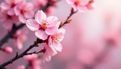 Obraz premium Delicate pink sakura blossoms, intricate branch pattern, closeup, nature