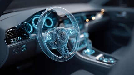 Futuristic Car Interior with a Digital Steering Wheel Interface concept design