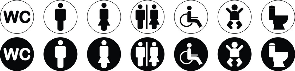 Set of Toilet icons. Male, female and disabled toilet symbol, toilet signs, WC toilet signs, Baby change. vector illustration 