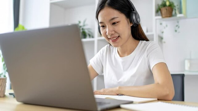 Woman Studying Online With Laptop And Notebook - Powered by Adobe