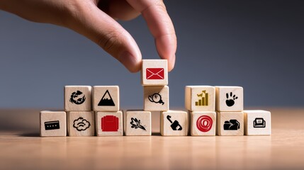 Creative Hand Stacking Wooden Blocks with Various Icons Representing Business, Marketing, and Communication Concepts for Conceptual Illustrations