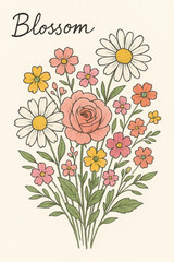 Hand-Drawn Spring Flowers Bouquet with Blossom Text &ndash; Minimal Floral Art