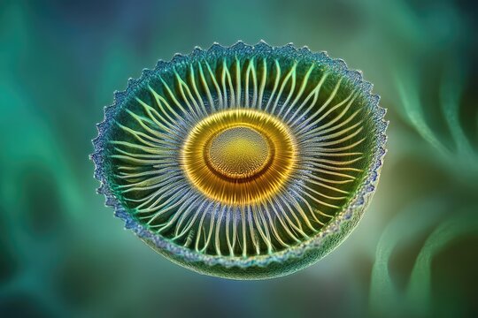 Microscopic diatom with intricate, radial structure, showcasing vibrant green and gold hues.