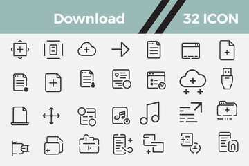 Minimal Outline Icon Collection of Download Variations Including Cloud, File, and Folder