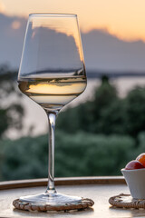 A glass of white wine with a scenic background