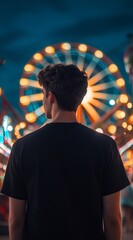 Obraz premium Man in black t-shirt stands before glowing ferris wheel under vibrant night sky