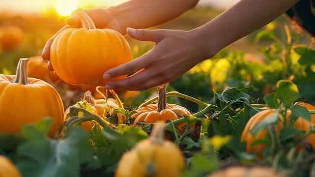 Hands picking pumpkins in sunset-lit field, autumn harvest