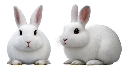 Obraz premium White rabbit, sitting front view and crouching side view, fur detail sharp, isolated on white background