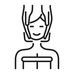 Relaxing spa therapy is shown, with hands giving a head massage and a smile on the face of the receiver in line drawing format.