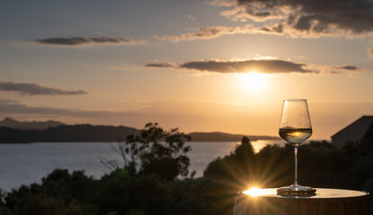 A glass of white wine with a scenic background