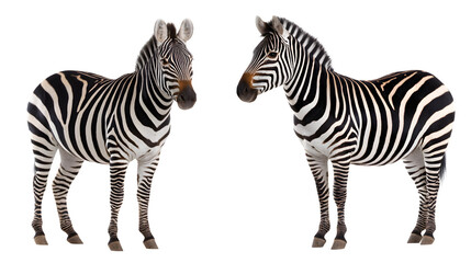 Obraz premium Zebra, standing front view and profile view, stripe pattern sharp and symmetrical, isolated on white background