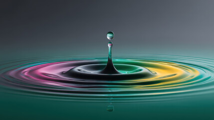 A single droplet creates concentric ripples in a pool of colorful liquid with green, yellow, purple, and blue hues against a dark background, closeup view.