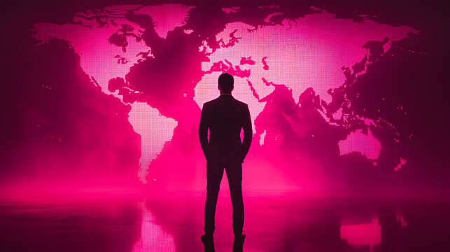 Global Visionary: A silhouette of a man stands confidently, gazing towards a vibrant world map illuminated in pink, representing global ambition and strategic foresight.