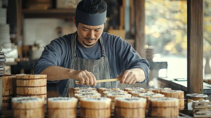 Japanese artisan crafts wooden molds outdoors