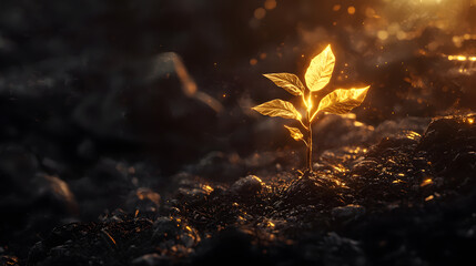 Golden Growth in Dark Ground: A singular, radiant sprout pushing through dark earth, its leaves illuminated with a golden glow.