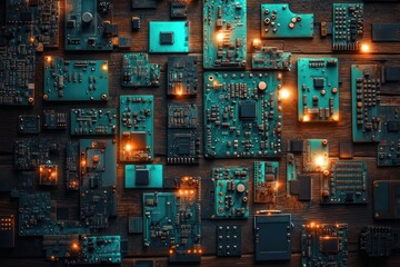 A collection of various circuit boards and electronic components arranged on a wooden surface, showcasing the intricate details of technology.