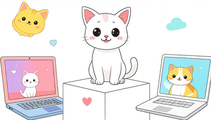A cute white kitten sits atop a cube between two laptops displaying similarly adorable cats; hearts and clouds float nearby