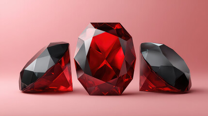 Three faceted, shiny, deep red gemstones with dark reflections are displayed on a soft pink surface, creating a luxurious and elegant display of wealth and beauty.