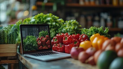 Laptop displays produce; farmers market background