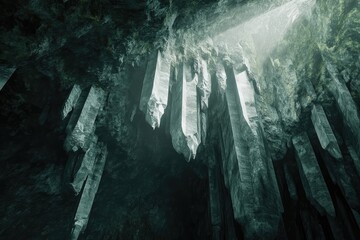 A dark, mysterious cave with tall, sharp crystal formations illuminated by a single light source.