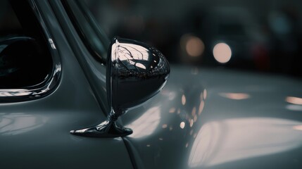 Chrome wing mirror reflecting classic car show