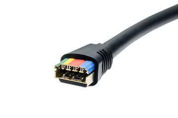 Close up of a black hdmi cable with visible colored wires on a black background in a studio setting