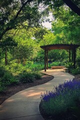 A peaceful garden pathway meanders through vibrant, lush greenery, featuring a charming wooden pergola beneath a radiant afternoon sky