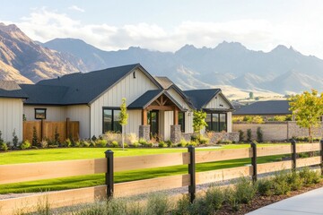 Obraz premium Stunning modern house with a scenic mountain backdrop and lush green lawn invites relaxation in a picturesque setting near a nature trail