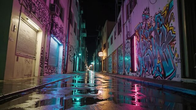 Ruelle urbaine la nuit avec reflets de n&eacute;ons sur le sol mouill&eacute;