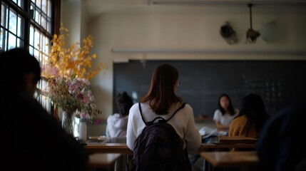 Students attending class in university lecture hall with flowers and blackboard