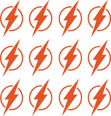 Twelve Orange Lightning Bolt Icons in Circles on White