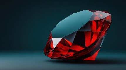 A stunning close up of a faceted ruby gemstone reflects light and shadow against a dark teal background creating a beautiful digital rende of luxury.
