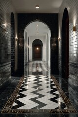 Elegant corridor featuring marble walls, arched doorways, and a striking herringbone pattern. Refined design and sophisticated atmosphere.