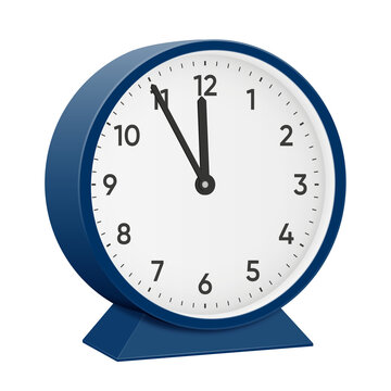It is fifty five minutes past eleven, 55 past 11, 11 55, 23 55, 11 55 am, 11 55 pm, 5 minutes to 12 oclock. Realistic 3d illustration dark blue table clock png transparent