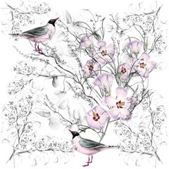 Romantic victorian-style botanical illustration of birds and flowers in black, white, and pink.
