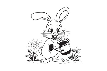 Cute Bunny Watering Flowers Coloring Page Printable Animal Garden Scene for Kids