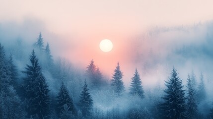 Obraz premium Dreamy winter scene with evergreens, mist and a glowing sun, casting a serene light on the snowy landscape. Peaceful forest atmosphere.