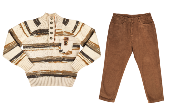 Isolated long sleeve knitted sweater, and corduroy pants beige, brown color