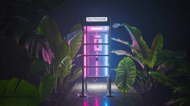 Cabine t&eacute;l&eacute;phonique n&eacute;on au c&oelig;ur d&rsquo;une jungle tropicale, ambiance synthwave &agrave; Miami

